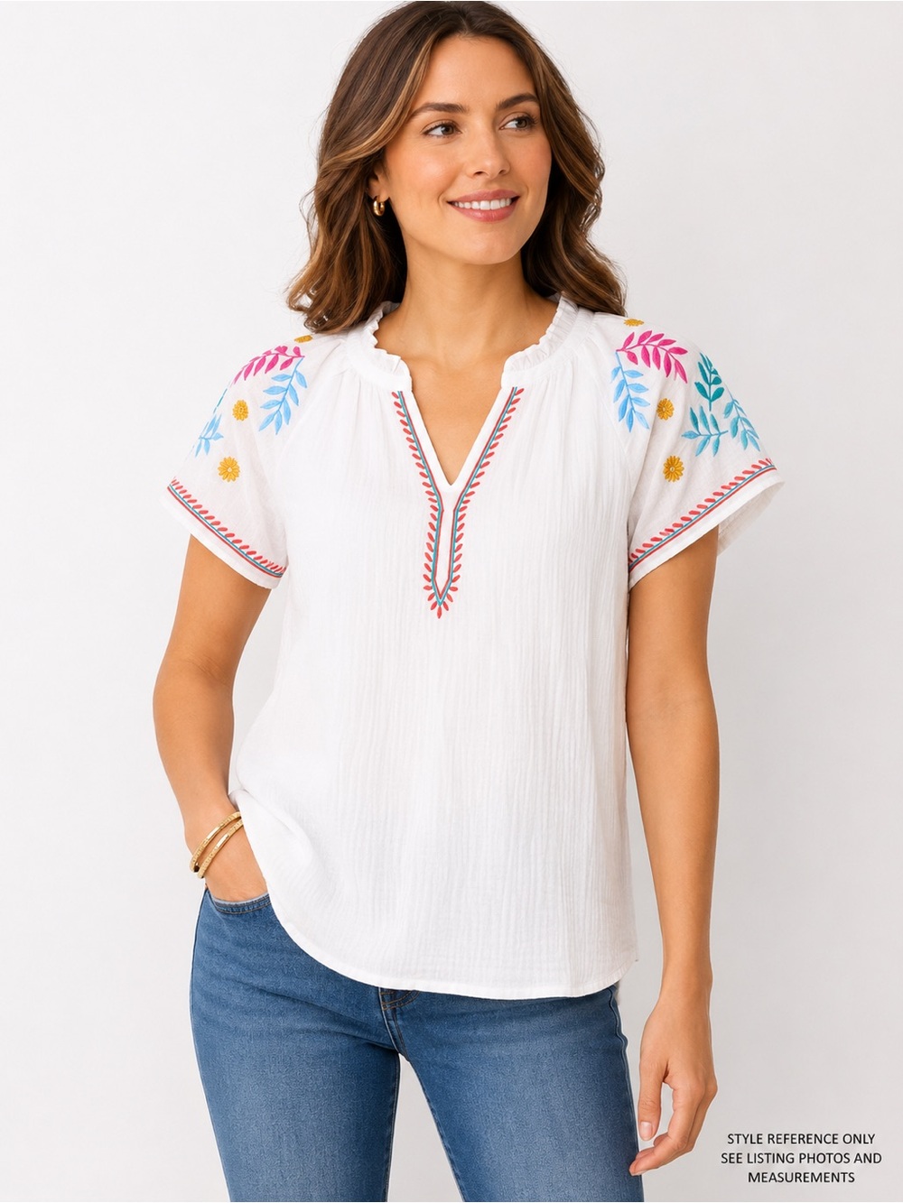 Talbots Embroidered Cotton Peasant Blouse White Boho Size S